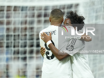 Endrick centre-forward of Real Madrid and Brazil celebrates after scoring his sides first goal during the UEFA Champions League 2024/25 Leag...