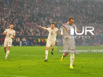 Harry Kane of Bayern Munich    celebrates  the teams seventh goal  during the Champions League Round 1 match between Bayern Munich v Dinamo...