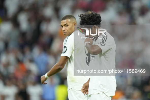 Endrick centre-forward of Real Madrid and Brazil celebrates after scoring his sides first goal during the UEFA Champions League 2024/25 Leag...