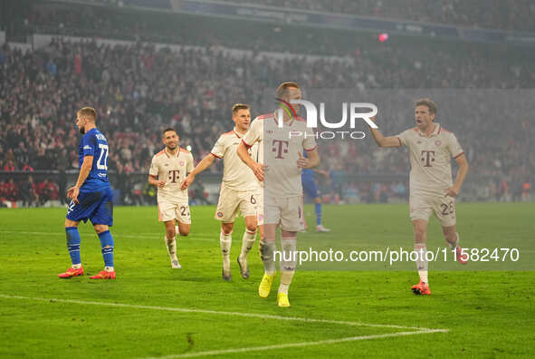 Harry Kane of Bayern Munich    celebrates  the teams seventh goal  during the Champions League Round 1 match between Bayern Munich v Dinamo...