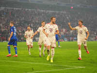 Harry Kane of Bayern Munich    celebrates  the teams seventh goal  during the Champions League Round 1 match between Bayern Munich v Dinamo...