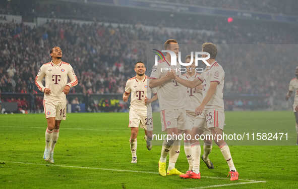 Harry Kane of Bayern Munich    celebrates  the teams seventh goal  during the Champions League Round 1 match between Bayern Munich v Dinamo...