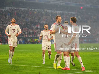 Harry Kane of Bayern Munich    celebrates  the teams seventh goal  during the Champions League Round 1 match between Bayern Munich v Dinamo...