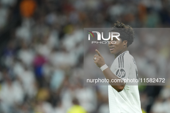 Endrick centre-forward of Real Madrid and Brazil celebrates after scoring his sides first goal during the UEFA Champions League 2024/25 Leag...