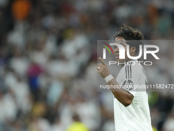 Endrick centre-forward of Real Madrid and Brazil celebrates after scoring his sides first goal during the UEFA Champions League 2024/25 Leag...