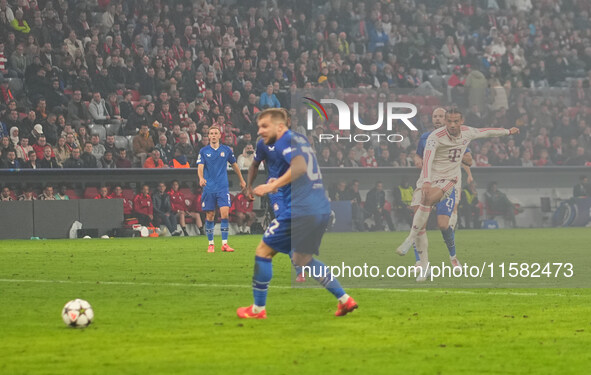 Leroy Sané of Bayern Munich    scores the teams eighth goal  during the Champions League Round 1 match between Bayern Munich v Dinamo Zagreb...