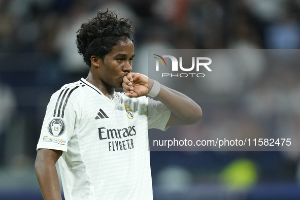 Endrick centre-forward of Real Madrid and Brazil celebrates after scoring his sides first goal during the UEFA Champions League 2024/25 Leag...