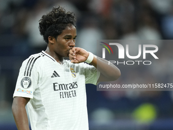 Endrick centre-forward of Real Madrid and Brazil celebrates after scoring his sides first goal during the UEFA Champions League 2024/25 Leag...