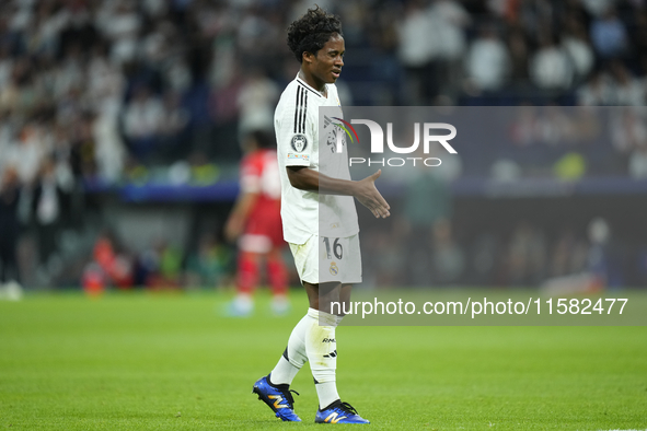 Endrick centre-forward of Real Madrid and Brazil celebrates after scoring his sides first goal during the UEFA Champions League 2024/25 Leag...