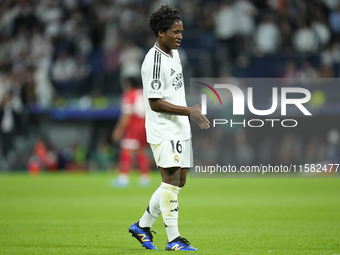 Endrick centre-forward of Real Madrid and Brazil celebrates after scoring his sides first goal during the UEFA Champions League 2024/25 Leag...