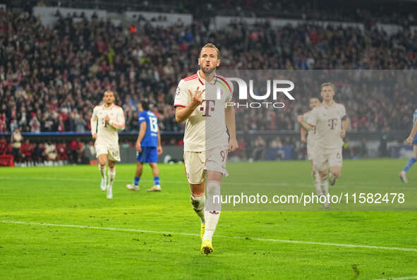 Harry Kane of Bayern Munich    celebrates  the teams sixth goal  during the Champions League Round 1 match between Bayern Munich v Dinamo Za...