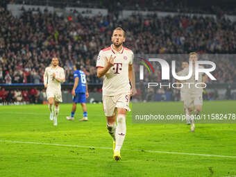 Harry Kane of Bayern Munich    celebrates  the teams sixth goal  during the Champions League Round 1 match between Bayern Munich v Dinamo Za...