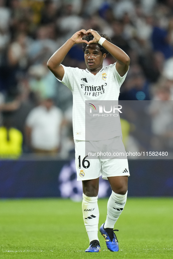 Endrick centre-forward of Real Madrid and Brazil celebrates after scoring his sides first goal during the UEFA Champions League 2024/25 Leag...