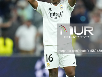 Endrick centre-forward of Real Madrid and Brazil celebrates after scoring his sides first goal during the UEFA Champions League 2024/25 Leag...