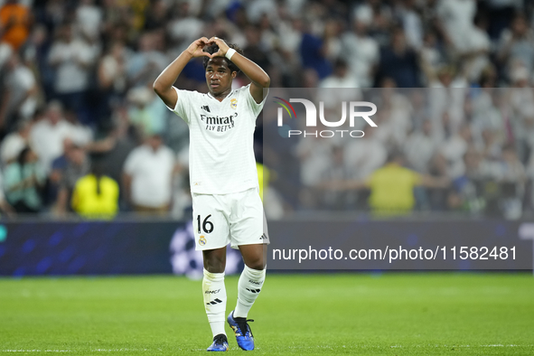 Endrick centre-forward of Real Madrid and Brazil celebrates after scoring his sides first goal during the UEFA Champions League 2024/25 Leag...