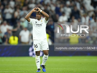 Endrick centre-forward of Real Madrid and Brazil celebrates after scoring his sides first goal during the UEFA Champions League 2024/25 Leag...