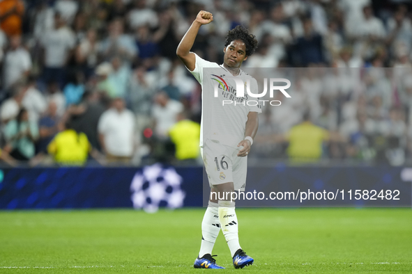 Endrick centre-forward of Real Madrid and Brazil celebrates after scoring his sides first goal during the UEFA Champions League 2024/25 Leag...