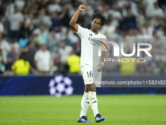 Endrick centre-forward of Real Madrid and Brazil celebrates after scoring his sides first goal during the UEFA Champions League 2024/25 Leag...