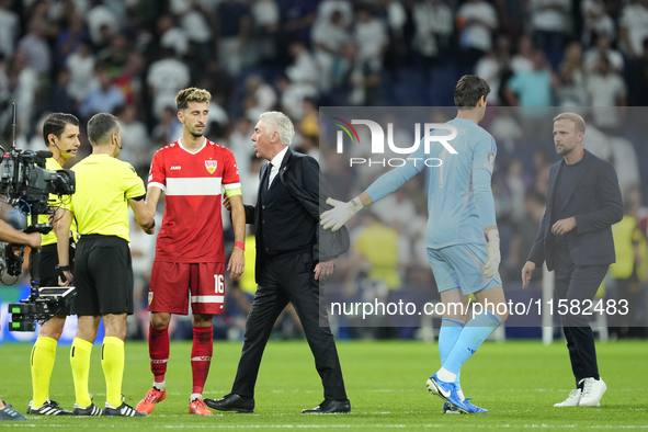 Carlo Ancelotti head coach of Real Madrid argui with the Referee Umut Meler of Turkiyel after the UEFA Champions League 2024/25 League Phase...