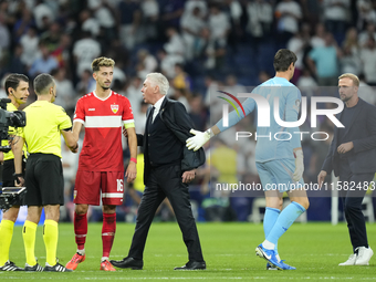 Carlo Ancelotti head coach of Real Madrid argui with the Referee Umut Meler of Turkiyel after the UEFA Champions League 2024/25 League Phase...