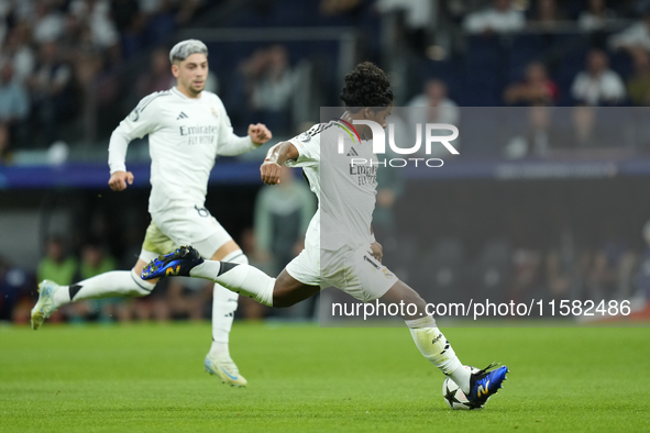 Endrick centre-forward of Real Madrid and Brazil shooting to goal during the UEFA Champions League 2024/25 League Phase MD1 match between Re...