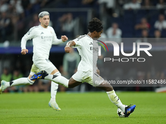 Endrick centre-forward of Real Madrid and Brazil shooting to goal during the UEFA Champions League 2024/25 League Phase MD1 match between Re...