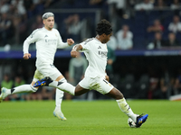 Endrick centre-forward of Real Madrid and Brazil shooting to goal during the UEFA Champions League 2024/25 League Phase MD1 match between Re...