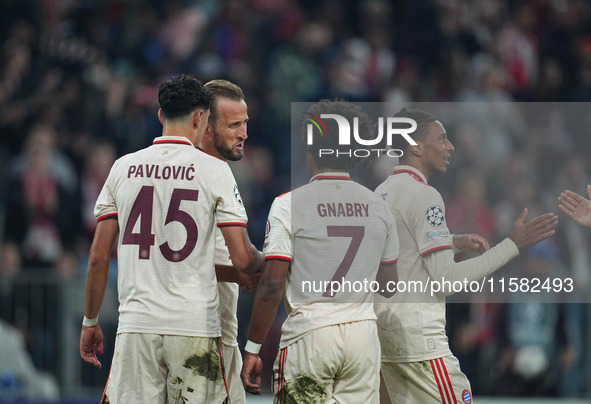 Harry Kane of Bayern Munich    celebrates  the teams fifth goal  during the Champions League Round 1 match between Bayern Munich v Dinamo Za...