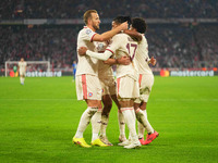 Michael Olise of Bayern Munich    celebrates  the teams sixth goal  during the Champions League Round 1 match between Bayern Munich v Dinamo...