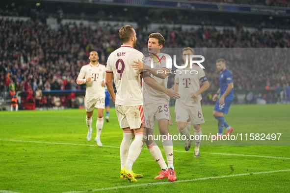 Harry Kane of Bayern Munich    celebrates  the teams sixth goal  during the Champions League Round 1 match between Bayern Munich v Dinamo Za...