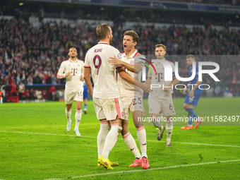 Harry Kane of Bayern Munich    celebrates  the teams sixth goal  during the Champions League Round 1 match between Bayern Munich v Dinamo Za...