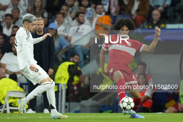 Anrie Chase centre-back of Stuttgart and Japan during the UEFA Champions League 2024/25 League Phase MD1 match between Real Madrid C.F. and...