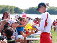 GAINESVILLE, VIRGINIA - SEPTEMBER 15: Nelly Korda of the United States signs autographs after a Team USA win at the conclusion of the Solhei...