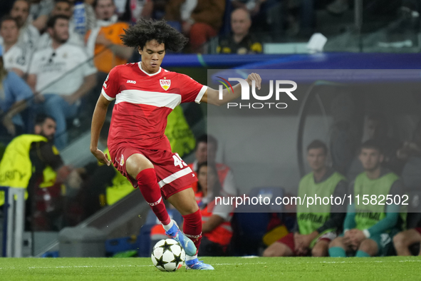 Anrie Chase centre-back of Stuttgart and Japan during the UEFA Champions League 2024/25 League Phase MD1 match between Real Madrid C.F. and...