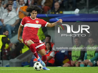 Anrie Chase centre-back of Stuttgart and Japan during the UEFA Champions League 2024/25 League Phase MD1 match between Real Madrid C.F. and...