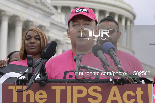 Restaurant worker Juan Carlos Romero speaks on the introduction of the TIPS Act during a news conference in Washington DC, USA, on September...