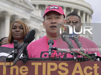 Restaurant worker Juan Carlos Romero speaks on the introduction of the TIPS Act during a news conference in Washington DC, USA, on September...