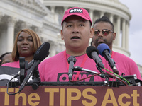 Restaurant worker Juan Carlos Romero speaks on the introduction of the TIPS Act during a news conference in Washington DC, USA, on September...