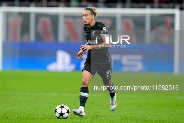 Kostas Tsimikas of Liverpool FC during the UEFA Champions League 2024/25 League Phase MD1 match between AC Milan and Liverpool FC at Stadio...