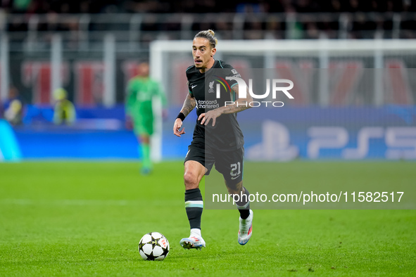 Kostas Tsimikas of Liverpool FC during the UEFA Champions League 2024/25 League Phase MD1 match between AC Milan and Liverpool FC at Stadio...