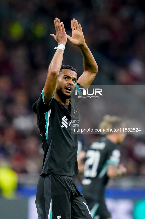 Cody Gakpo of Liverpool FC applauds during the UEFA Champions League 2024/25 League Phase MD1 match between AC Milan and Liverpool FC at Sta...