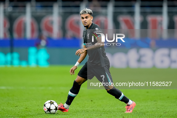 Luis Diaz of Liverpool FC during the UEFA Champions League 2024/25 League Phase MD1 match between AC Milan and Liverpool FC at Stadio San Si...