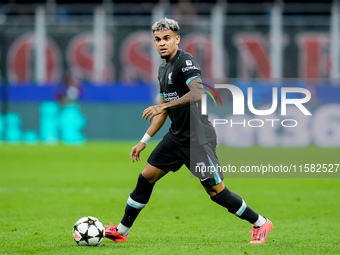 Luis Diaz of Liverpool FC during the UEFA Champions League 2024/25 League Phase MD1 match between AC Milan and Liverpool FC at Stadio San Si...