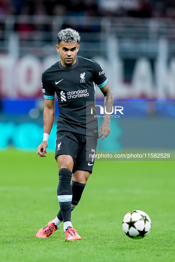 Luis Diaz of Liverpool FC during the UEFA Champions League 2024/25 League Phase MD1 match between AC Milan and Liverpool FC at Stadio San Si...