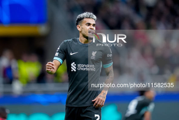 Luis Diaz of Liverpool FC reacts during the UEFA Champions League 2024/25 League Phase MD1 match between AC Milan and Liverpool FC at Stadio...