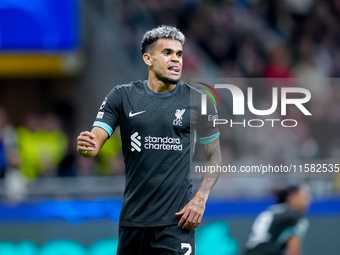 Luis Diaz of Liverpool FC reacts during the UEFA Champions League 2024/25 League Phase MD1 match between AC Milan and Liverpool FC at Stadio...