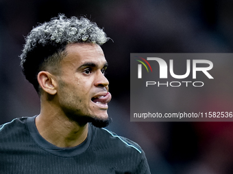 Luis Diaz of Liverpool FC reacts during the UEFA Champions League 2024/25 League Phase MD1 match between AC Milan and Liverpool FC at Stadio...