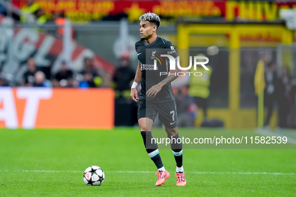 Luis Diaz of Liverpool FC during the UEFA Champions League 2024/25 League Phase MD1 match between AC Milan and Liverpool FC at Stadio San Si...