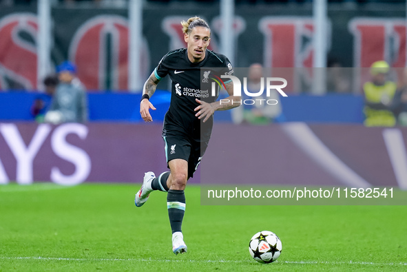 Kostas Tsimikas of Liverpool FC during the UEFA Champions League 2024/25 League Phase MD1 match between AC Milan and Liverpool FC at Stadio...