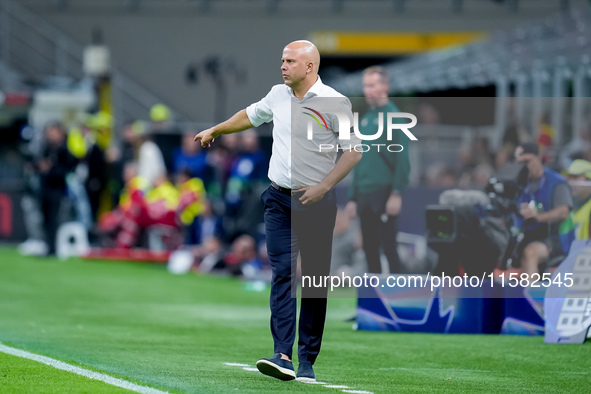 Arne Slot head coach of Liverpool FC gestures during the UEFA Champions League 2024/25 League Phase MD1 match between AC Milan and Liverpool...